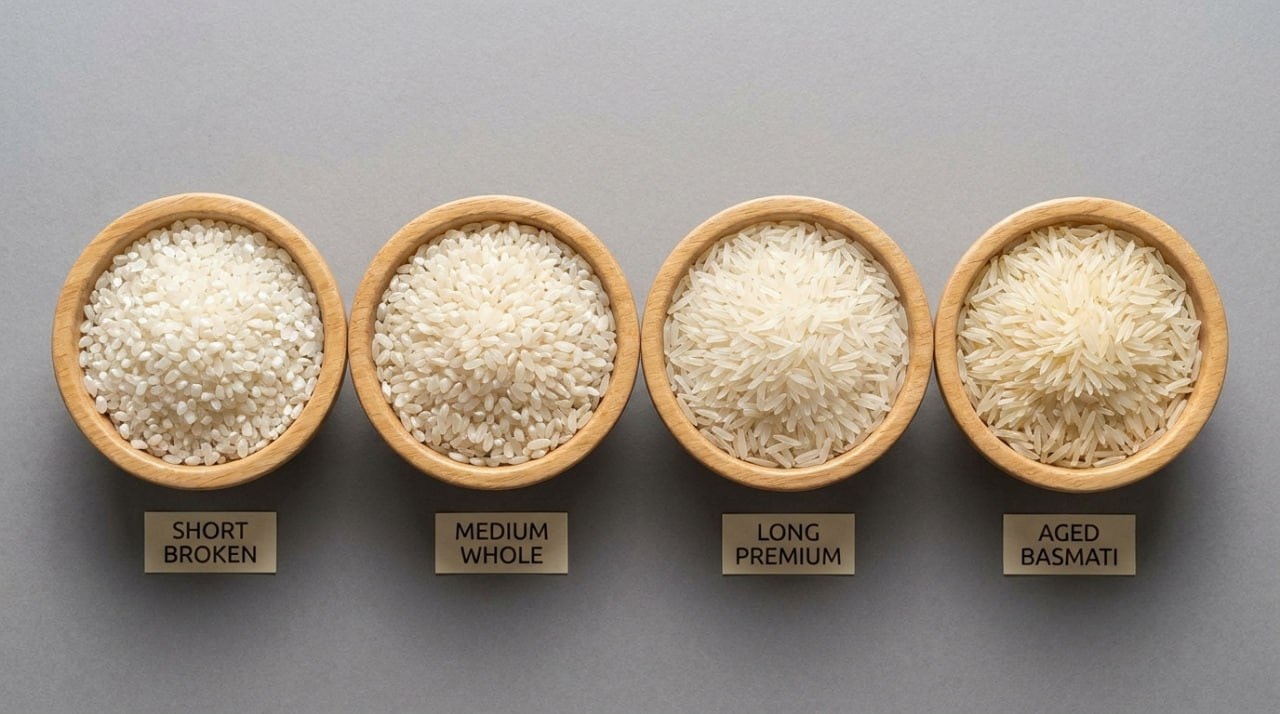 Comparison of four types of Iranian rice grains in labeled wooden bowls