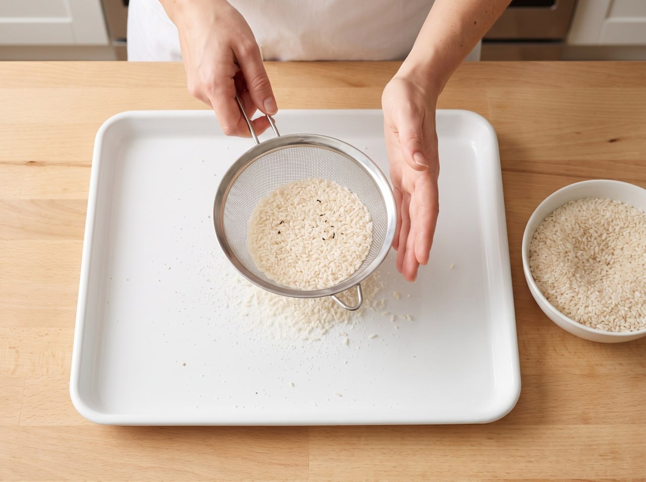 Iranian rice being sifted through a fine metal sieve over a white tray to separate healthy grains from weevils