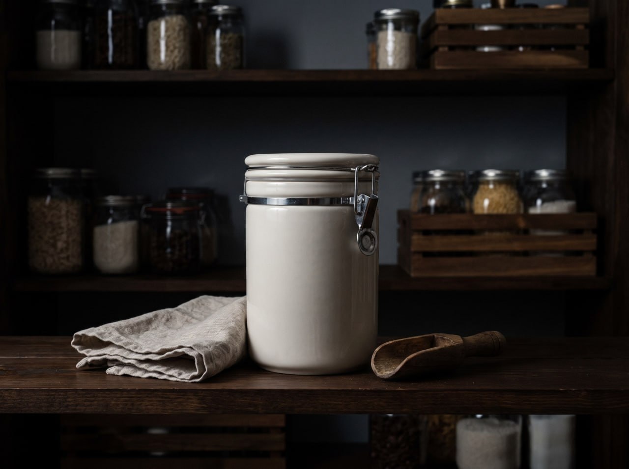 glass jar of white rice on a cool dark pantry shelf