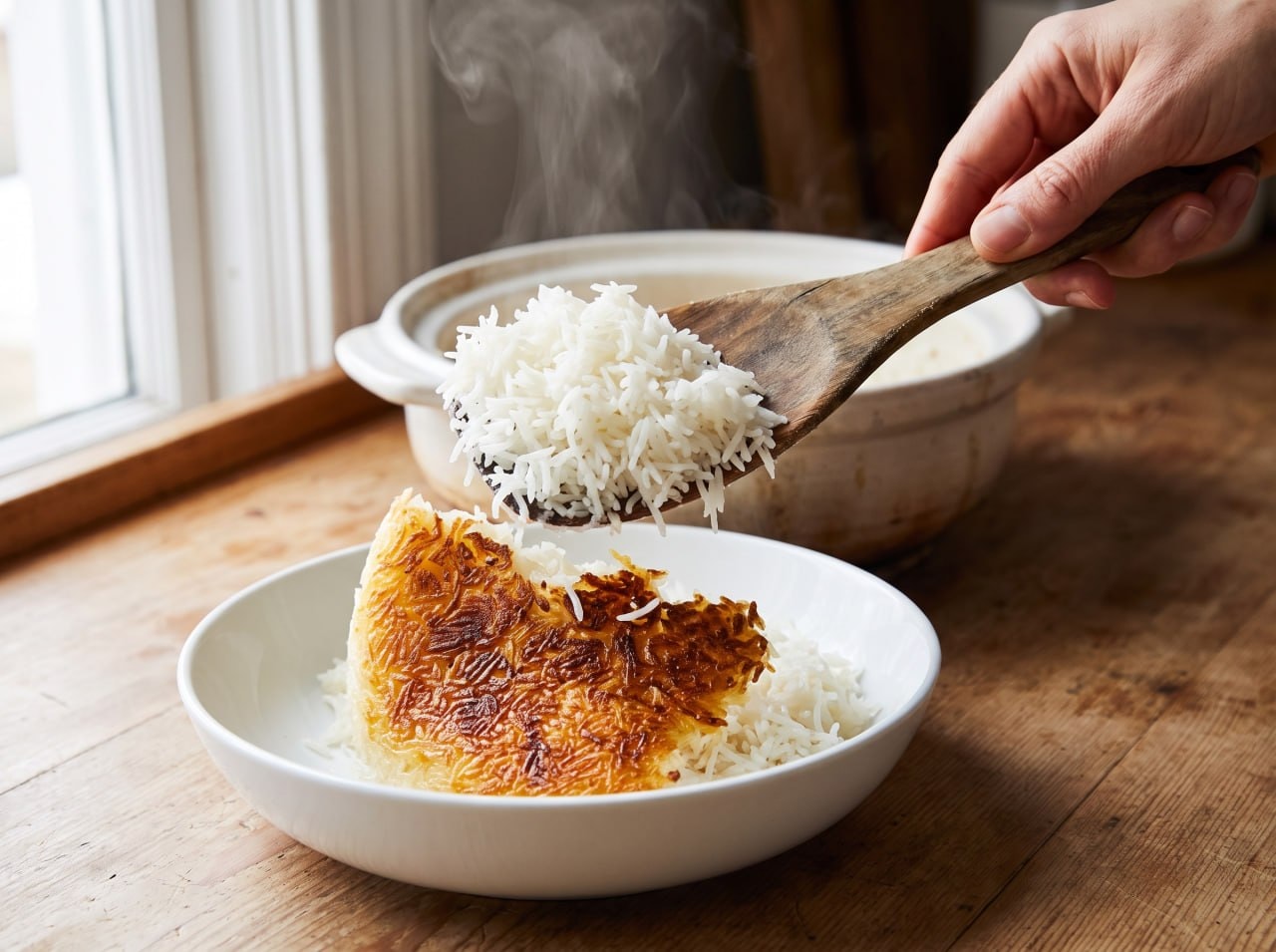 Rescuing the good top layer of rice from a scorched pot with a wooden spatula
