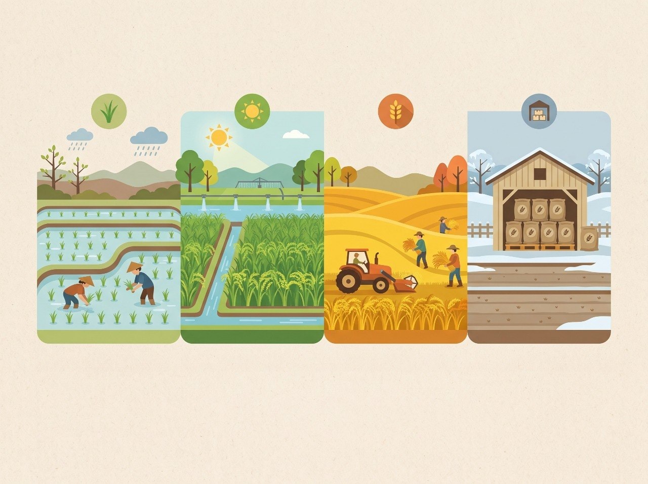 Rice farming calendar illustration showing seedling, growth and harvest stages across seasons