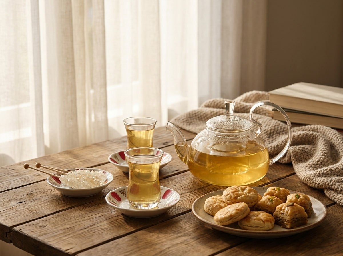 A warm afternoon tea scene with a glass teapot of pale golden orange-blossom tea, small cups, rock sugar sticks, and a plate of traditional Persian sweets on a table, natural window light