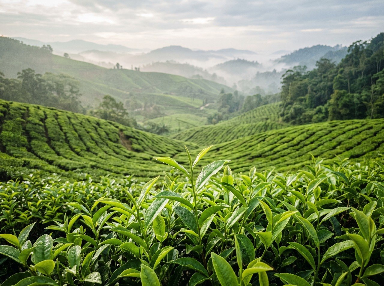 Fresh green tea leaves in a highland plantation with morning mist