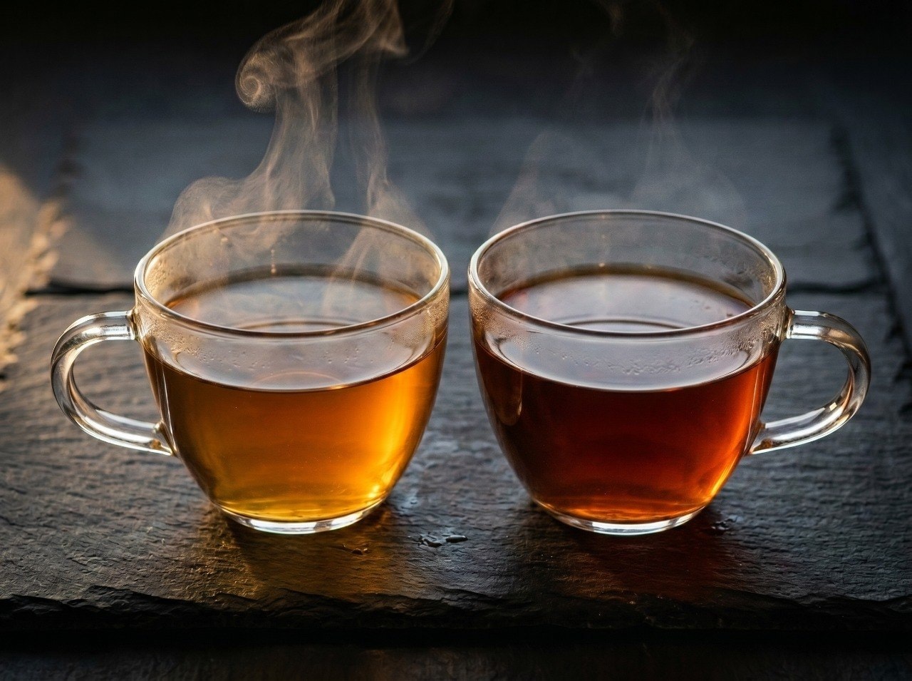 Two cups of black tea side by side, one pale and aromatic, one dark and strong