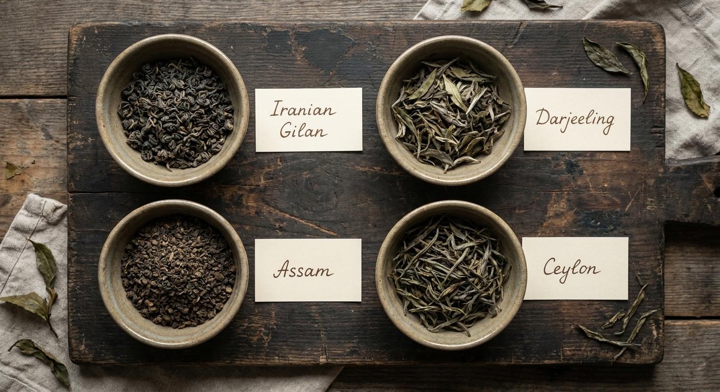 Flat lay of tea samples from Gilan Iran, Darjeeling India, and Ceylon Sri Lanka on a wooden board with labels