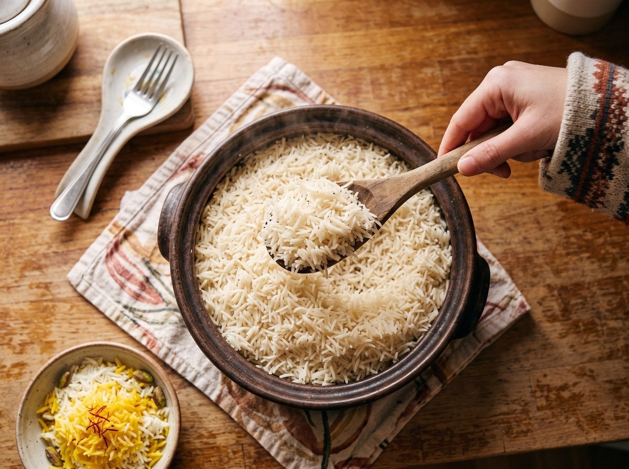 Steamed Iranian rice standing tall and separate in a pot