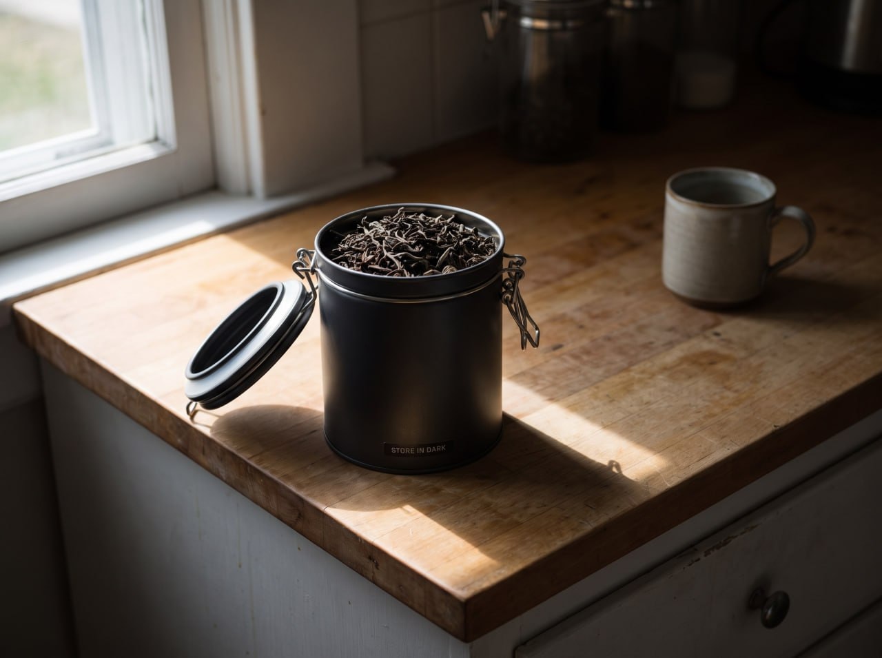 Airtight opaque tin of loose-leaf black tea beside a bright window, showing correct dry storage