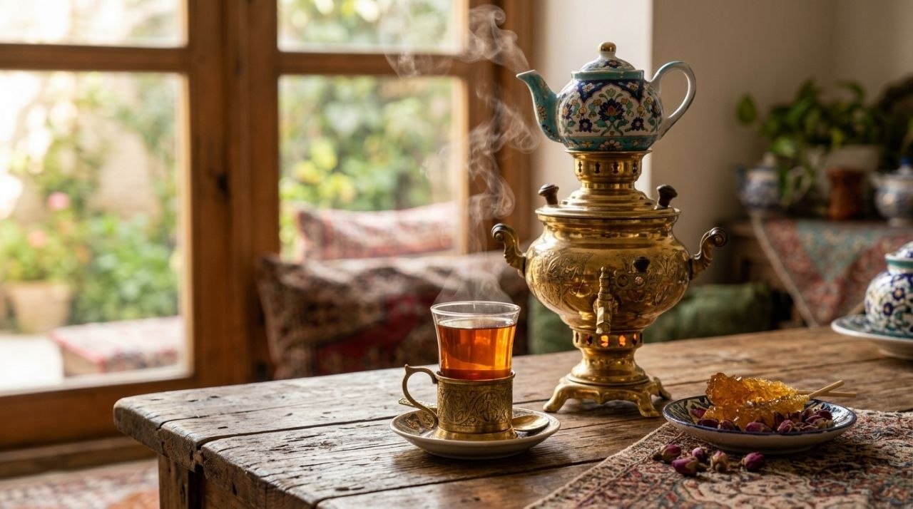 Steam rising from a traditional Persian samovar and glass estekan of amber tea on a wooden table