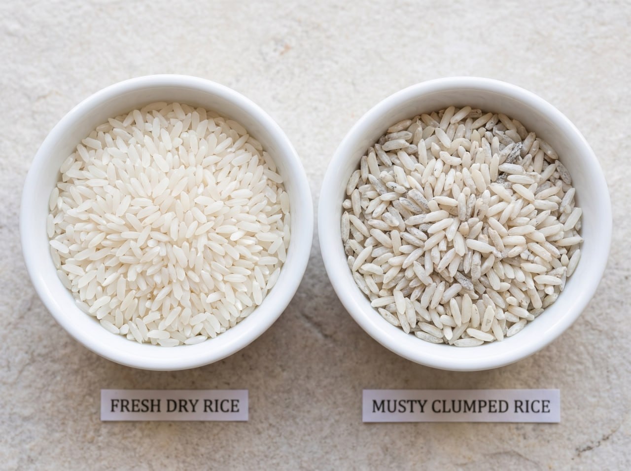 Two bowls of white rice side by side under soft daylight, one fresh and dry, one showing faint discoloration and clumping, macro comparison