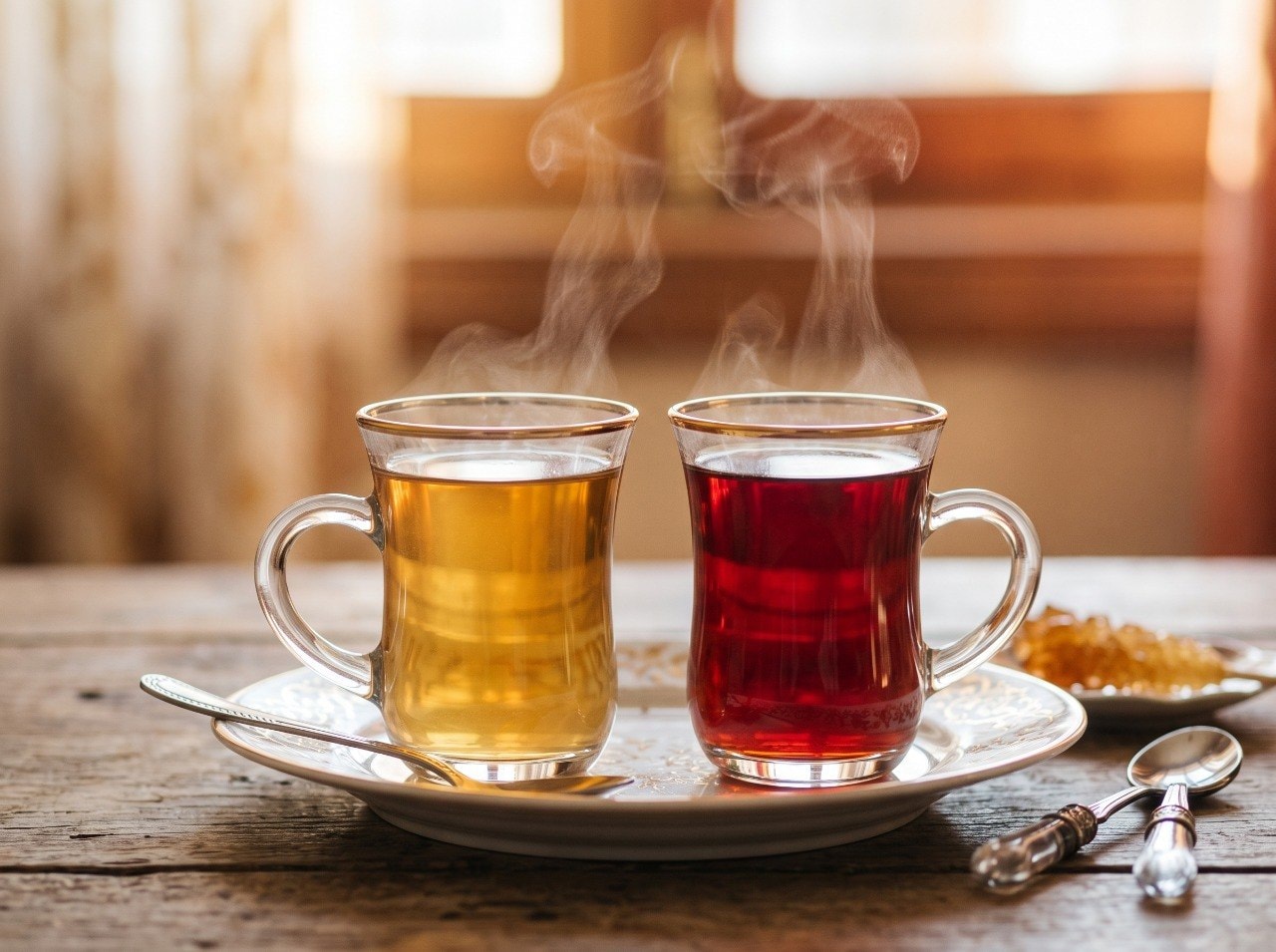 Two brewed teas in glass cups showing light amber versus deep red color