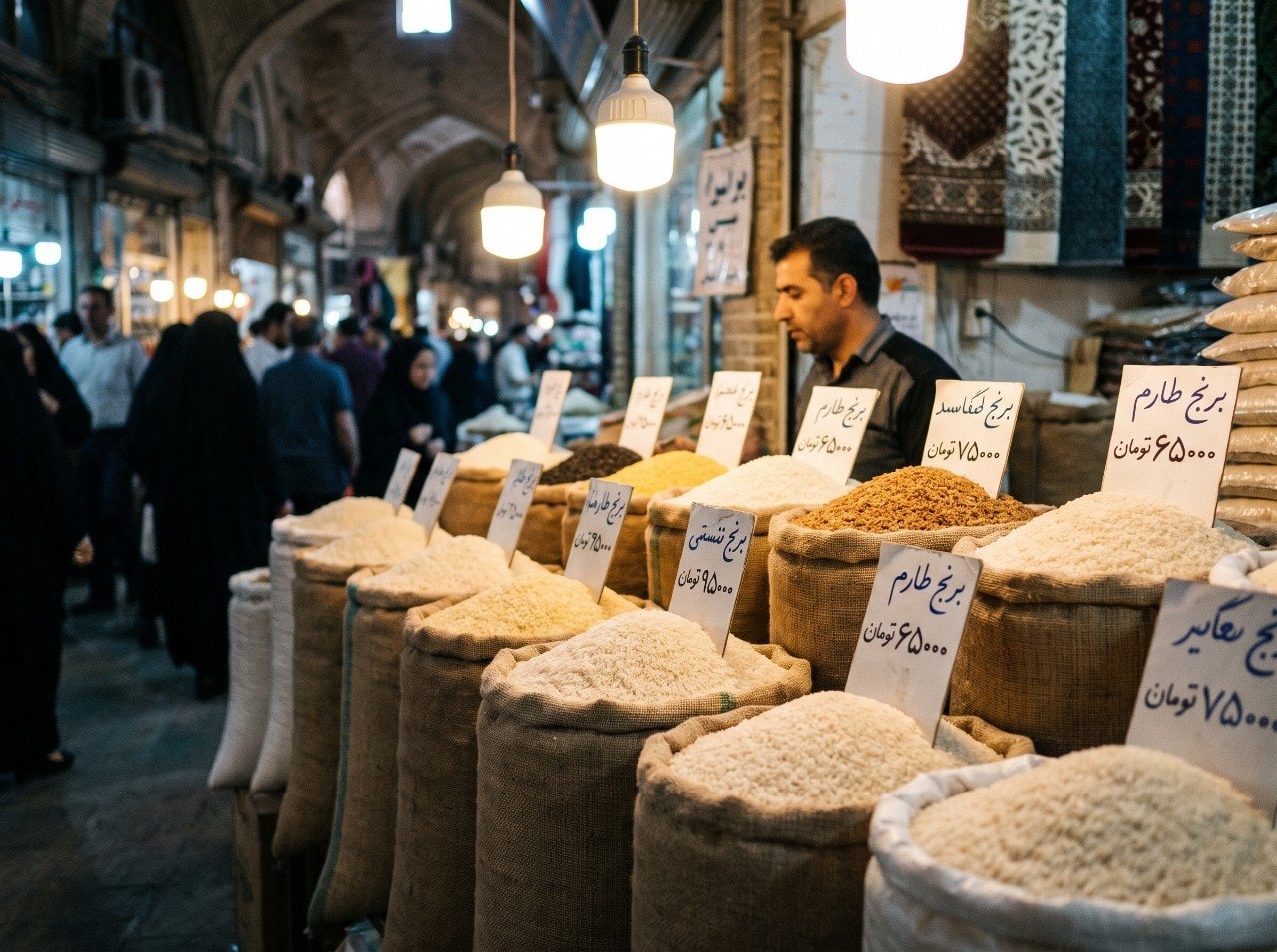 Bags of different northern Iranian rice varieties displayed at a market