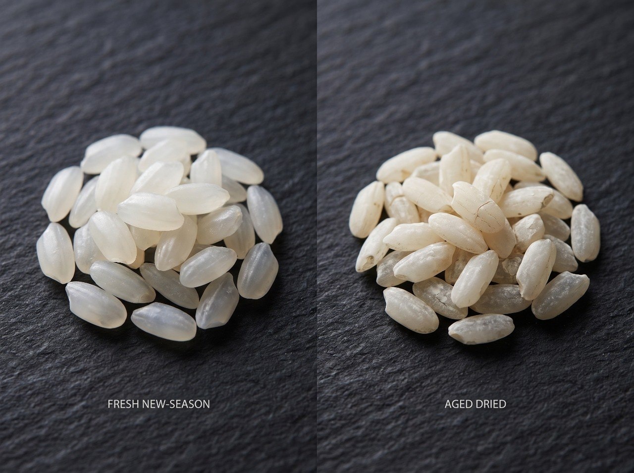 Close-up comparison of long fresh rice grains versus aged dry rice grains