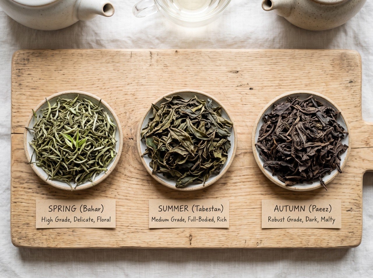 Iranian tea leaves at three harvest stages side by side