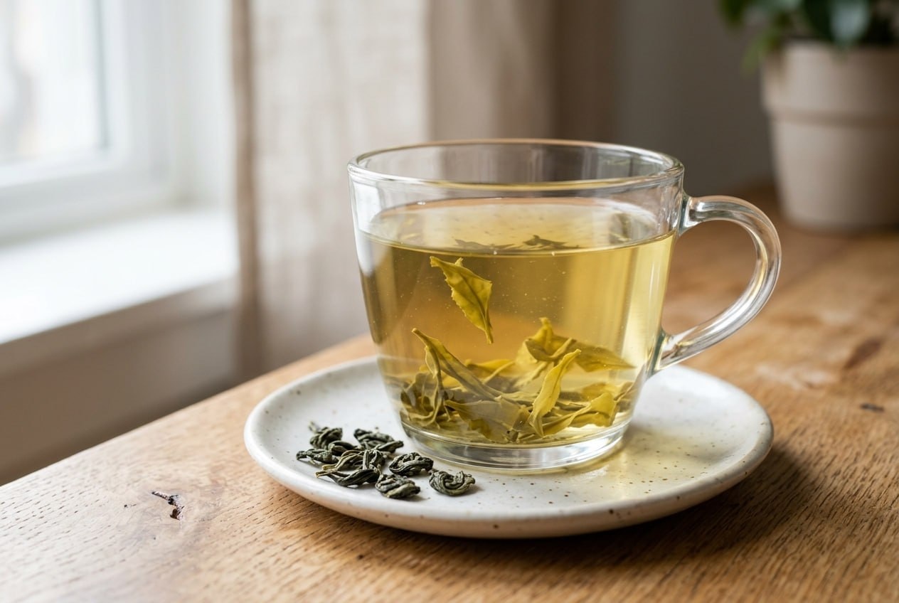 a glass cup of clear light-green tea with fresh leaves beside it, natural window light