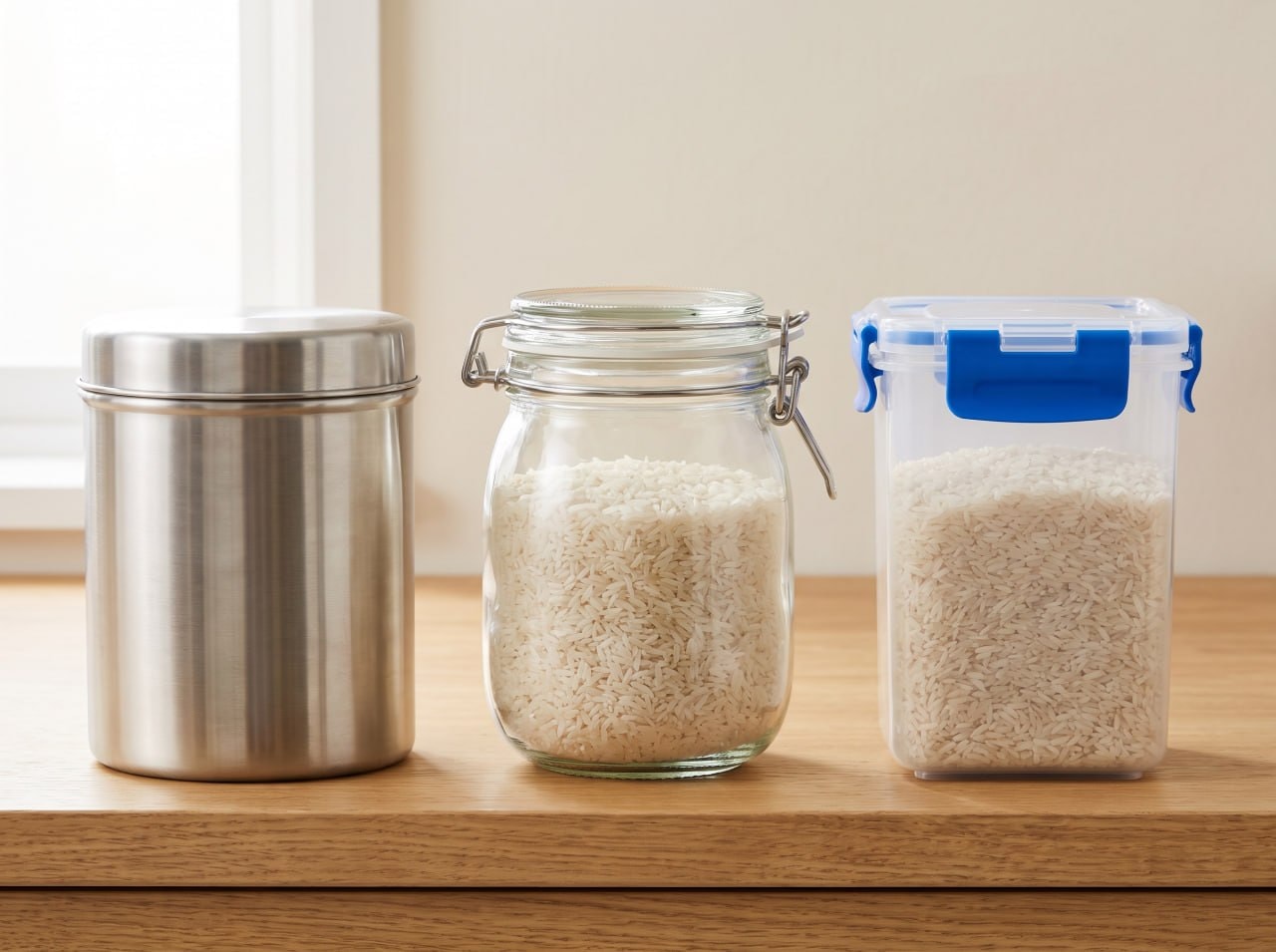 Comparison of glass, metal and plastic airtight rice storage containers on a kitchen counter