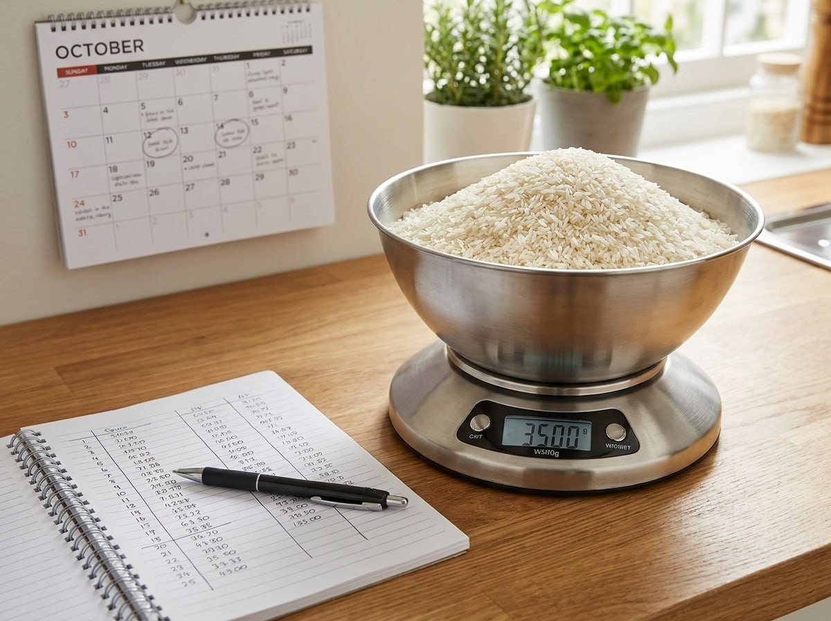 Kitchen scale holding kilograms of rice next to a wall calendar and a notebook with numbers