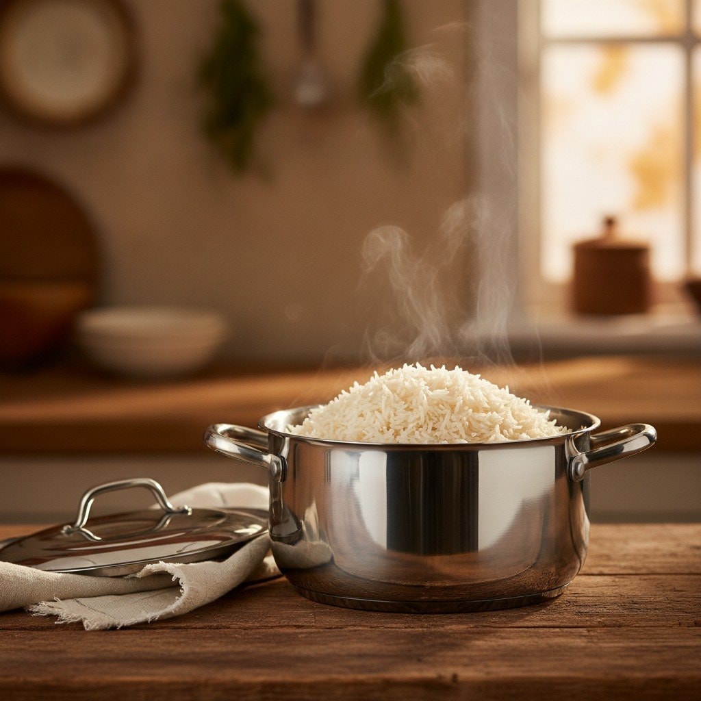 Steaming Persian rice with golden tahdig in a pot