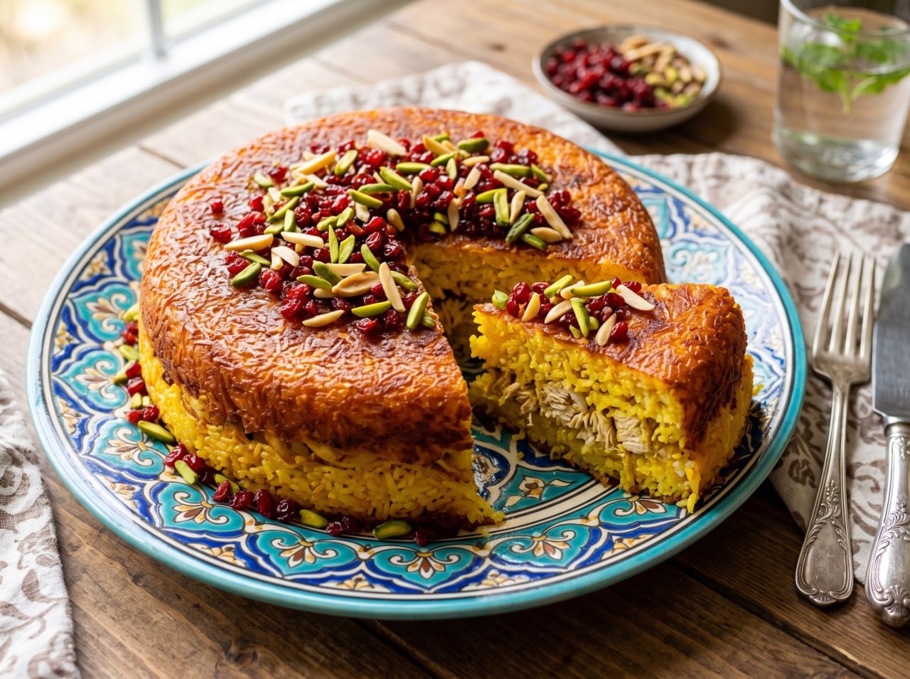 طرز تهیه ته چین مرغ زعفرانی؛ تهدیگ یکدست و برشی که از هم نمی‌پاشد