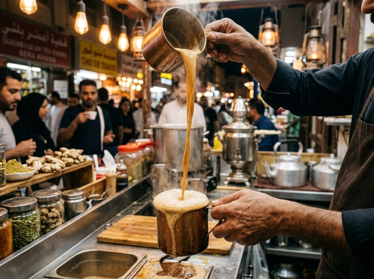 Hands pouring karak tea from height between two metal cups, frothy foam forming, warm cafe lighting