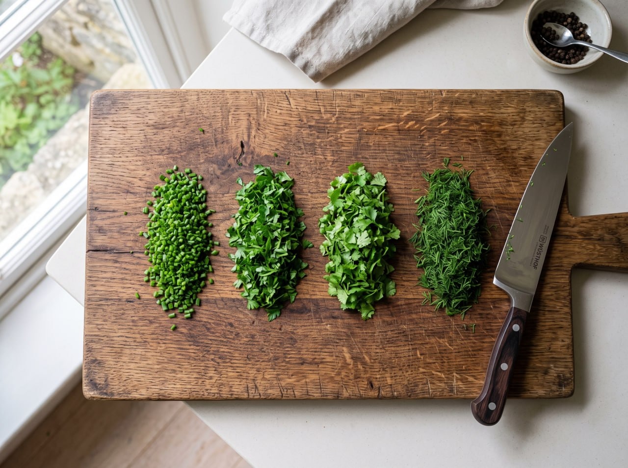 Chopped fresh herbs for Persian sabzi polo arranged on a wooden board