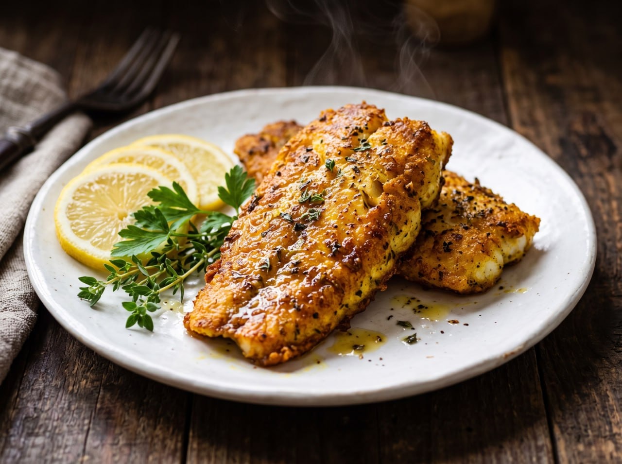 Golden pan-fried fish fillets with crispy crust on a plate