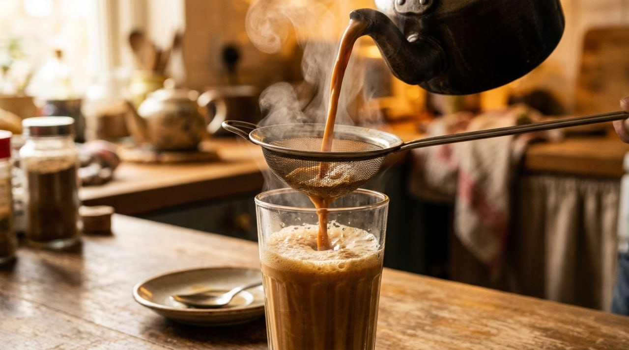 Frothy masala chai being poured from height through a strainer into a glass cup, steam rising, warm kitchen light