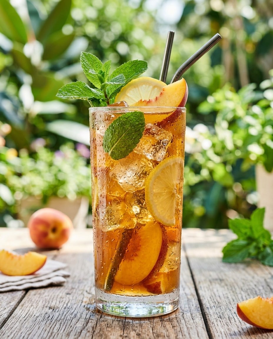 A tall glass of clear iced lemon and peach tea with ice cubes, mint leaves and lemon slices on a wooden table, bright summer daylight, condensation on the glass
