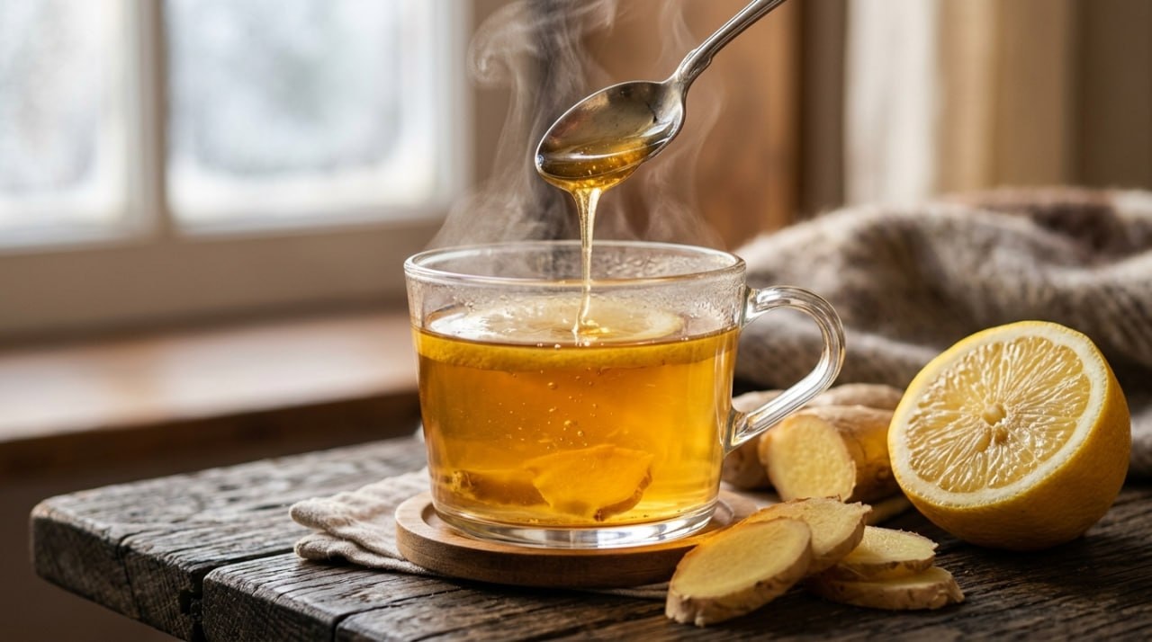 A steaming glass cup of golden ginger lemon tea with fresh ginger slices, a halved lemon, and a spoon of honey on a rustic wooden table by a frosty window