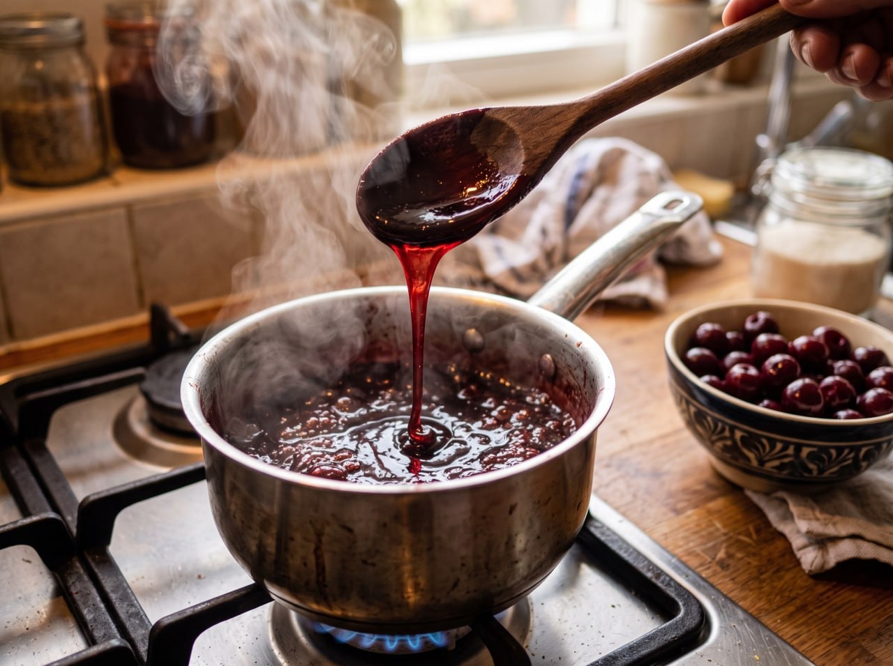 A close-up of dark ruby sour cherry syrup being reduced in a saucepan, thick and glossy, wooden spoon lifting a strand of syrup, warm kitchen light