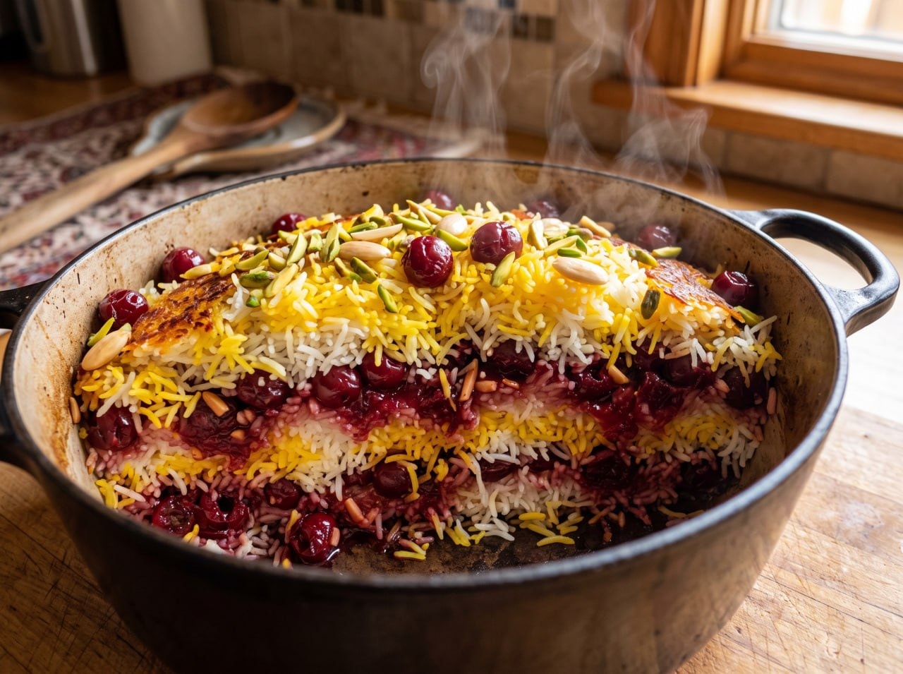 Layered Iranian albaloo polo in a pot cross-section view, white saffron rice layered with ruby sour cherries, steam rising, showing even color distribution