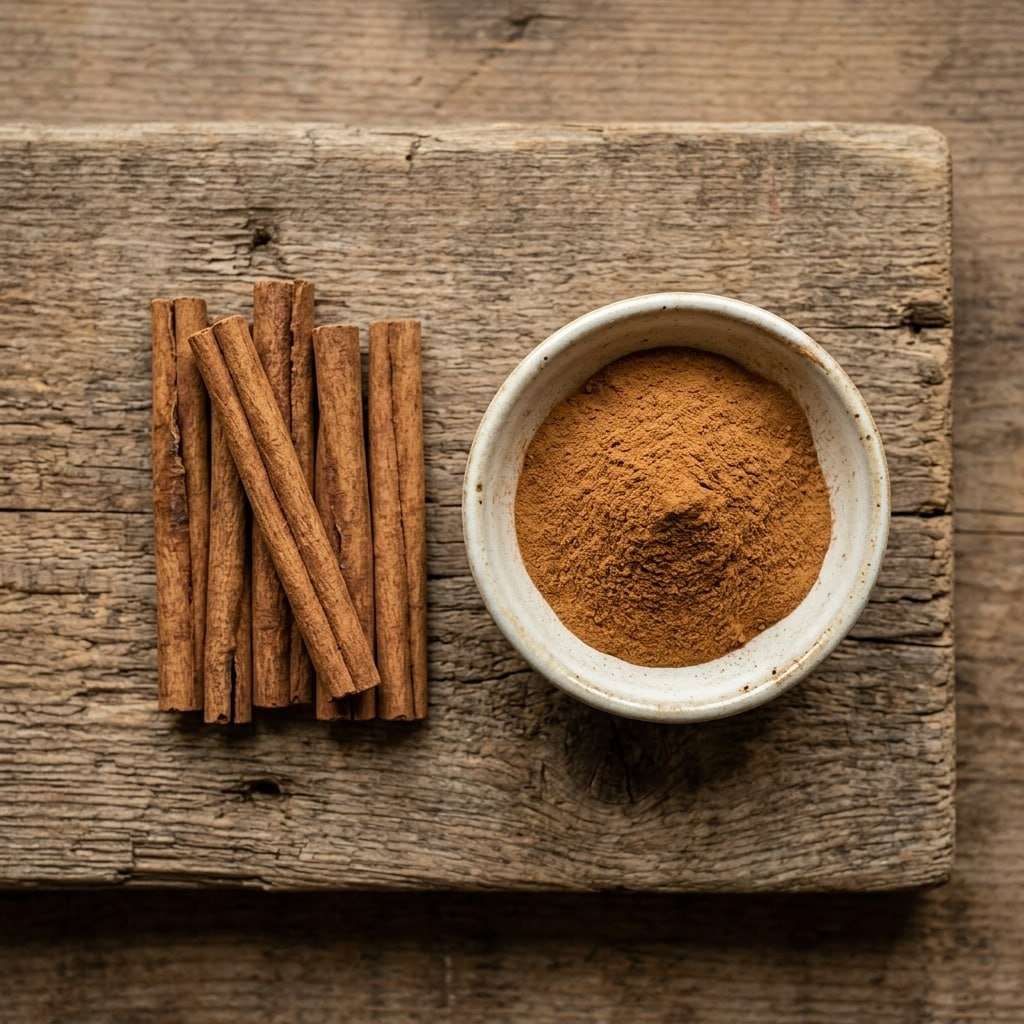 Cinnamon sticks next to a small bowl of ground cinnamon powder on a wooden board, top-down comparison shot, warm natural light