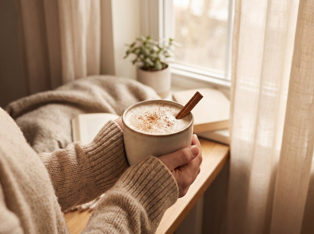 A person's hands holding a warm cup of cinnamon milk latte with a cinnamon stick and light foam, cozy afternoon setting, soft window light