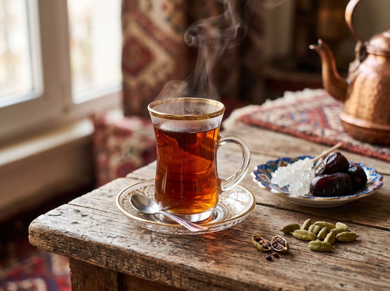Iranian cardamom tea in a clear glass on a wooden tray with whole green cardamom pods