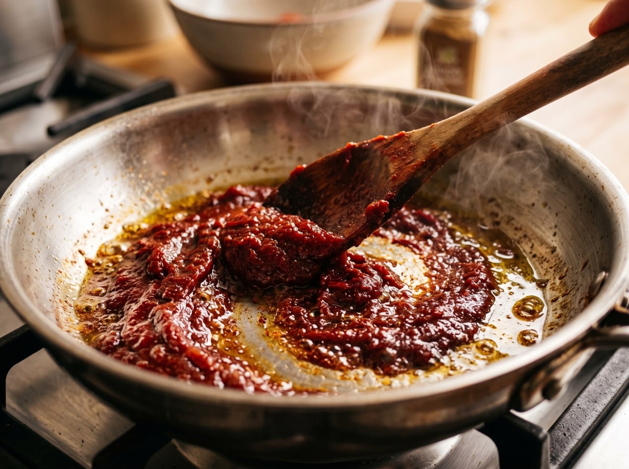 Tomato paste being sauteed in oil in a pan for Persian estamboli rice
