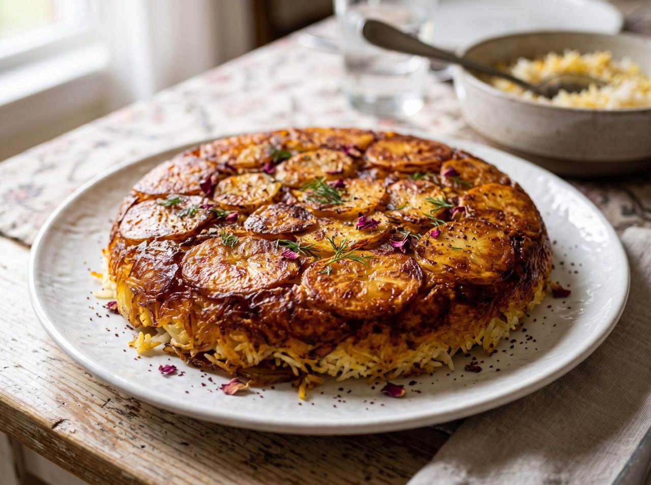 Golden crispy potato tahdig from Persian estamboli polo served upside down on a plate
