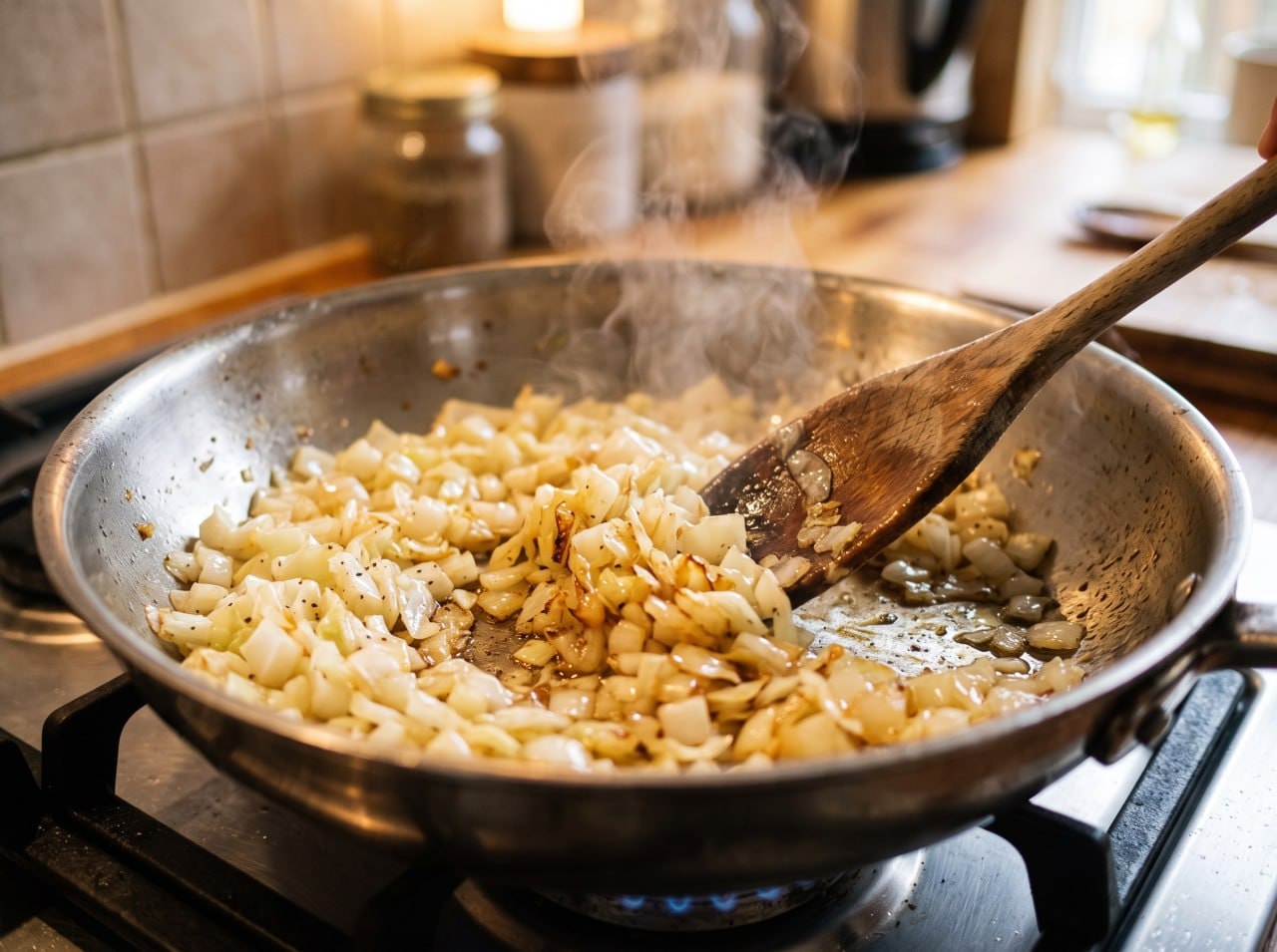 Chopped white cabbage being sauteed golden in a wide pan