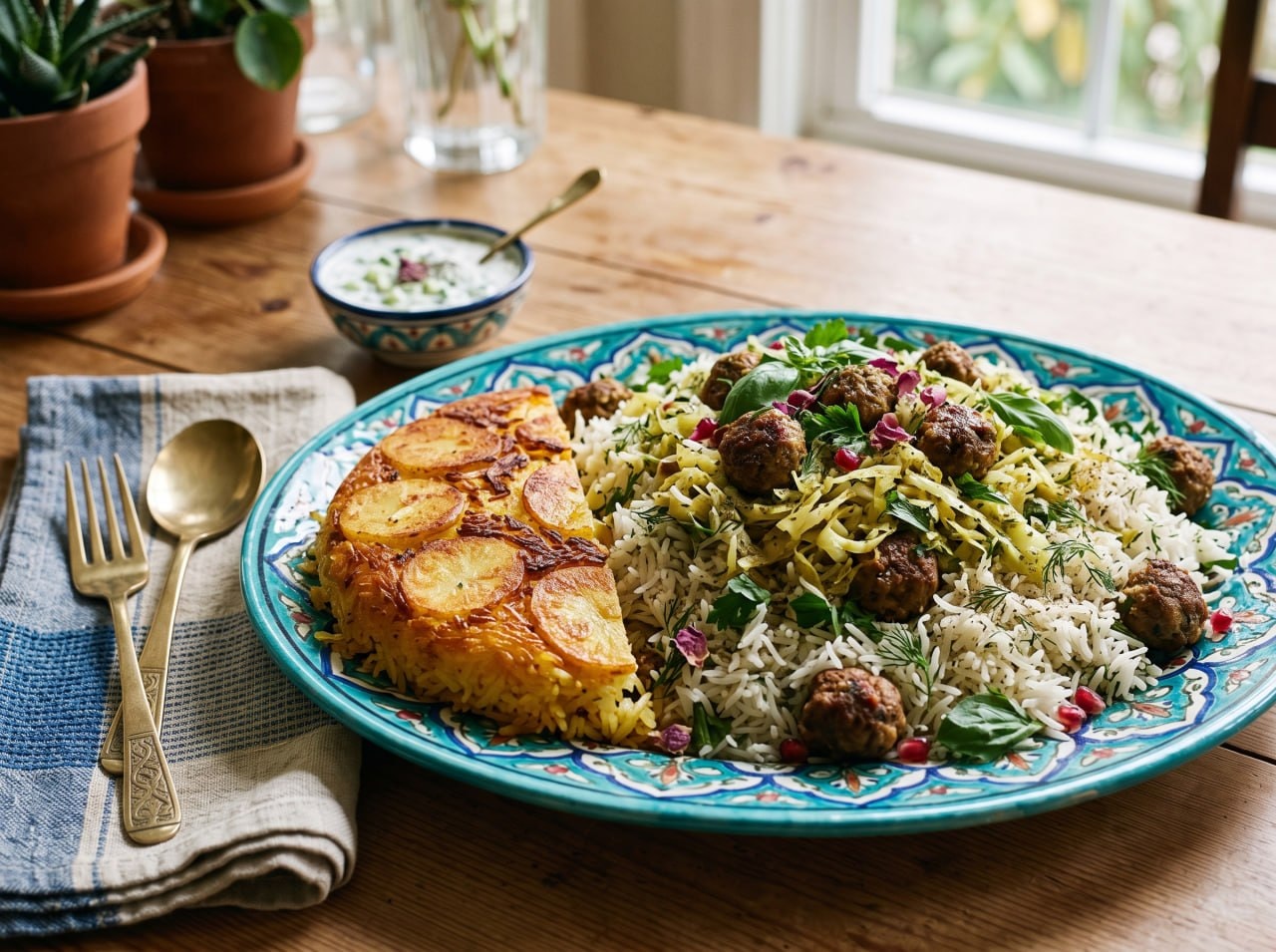 Persian shirazi cabbage rice served on a platter with golden tahdig and tiny meatballs