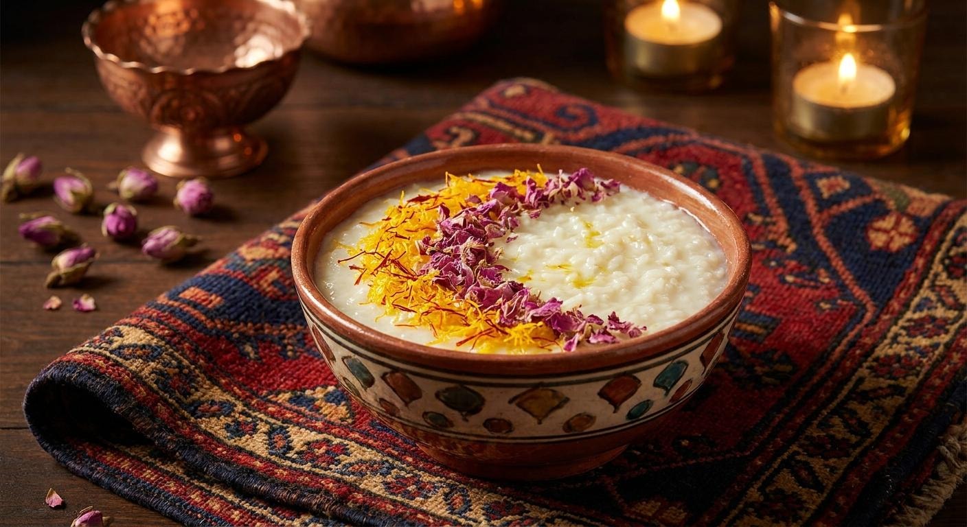 Traditional Persian ceramic bowl of shirberenj garnished with saffron rose petals and pistachios placed on a colorful kilim cloth