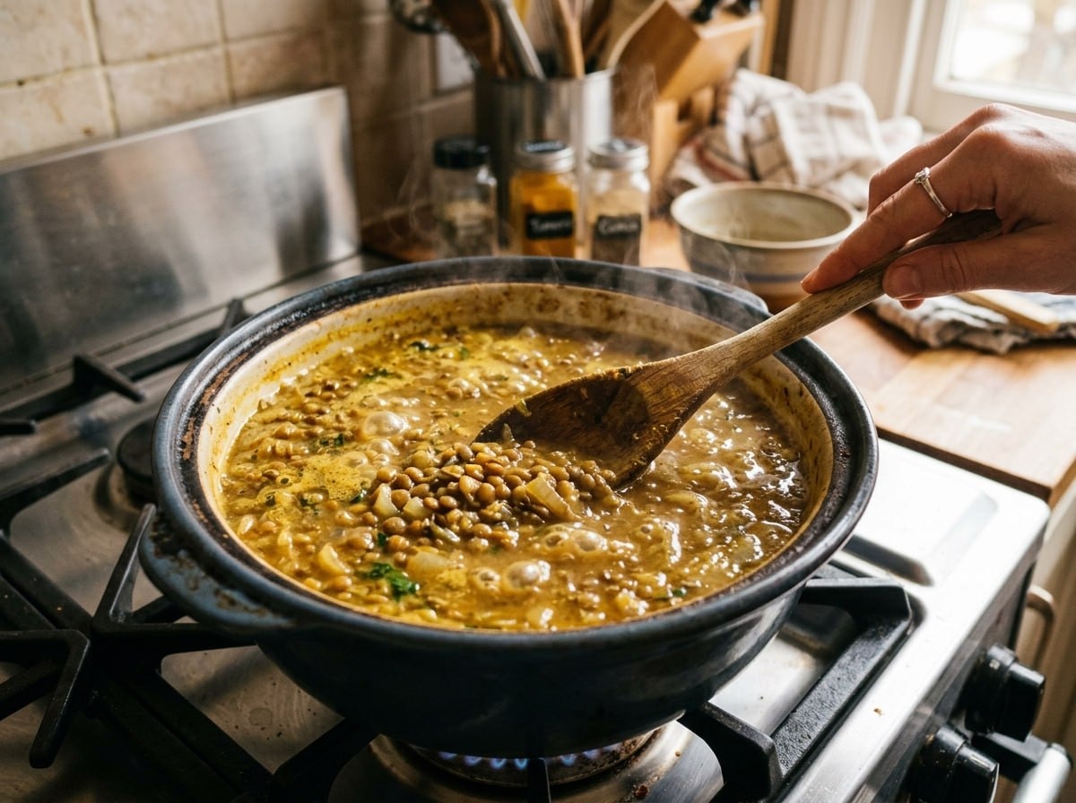 A pot of golden simmering lentil stew with onions