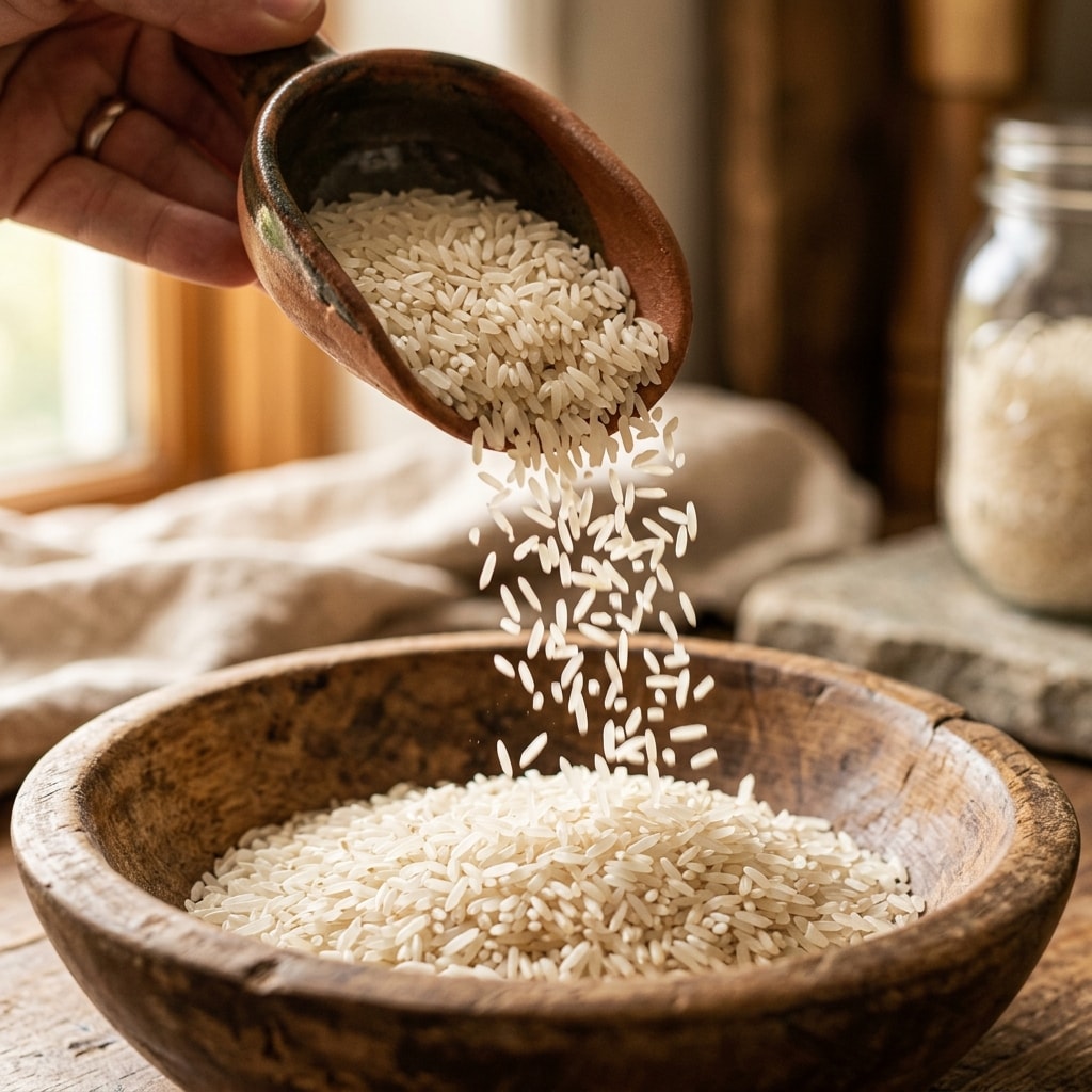 close-up of Iranian Tarom Hashemi rice grains in a wooden bowl, showing long slender white translucent grains with natural texture, bright natural lighting, food photography style