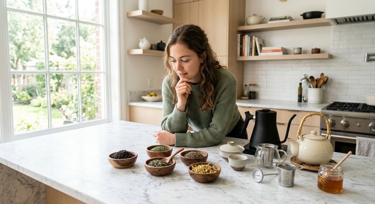 person examining small wooden bowls of different loose-leaf teas on a marble kitchen counter with teapots and brewing tools nearby