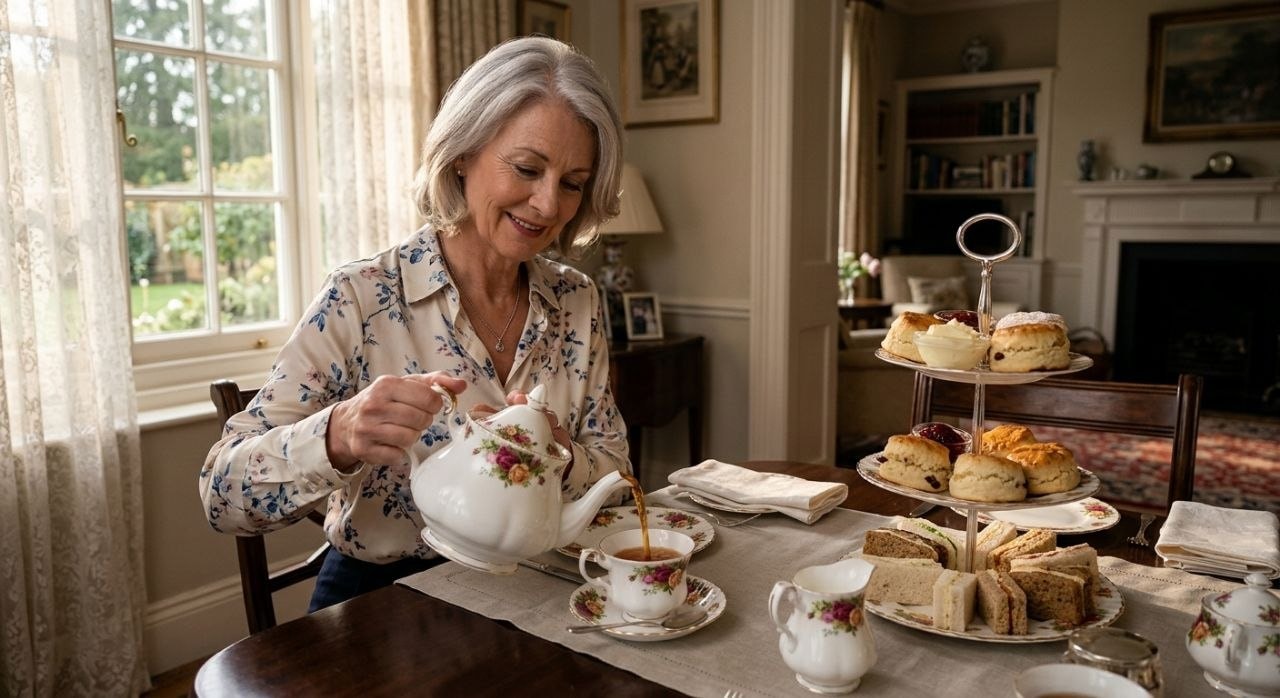 elegant British woman pouring tea from a white ceramic teapot into a fine china cup at an afternoon tea table with scones and a tiered cake stand