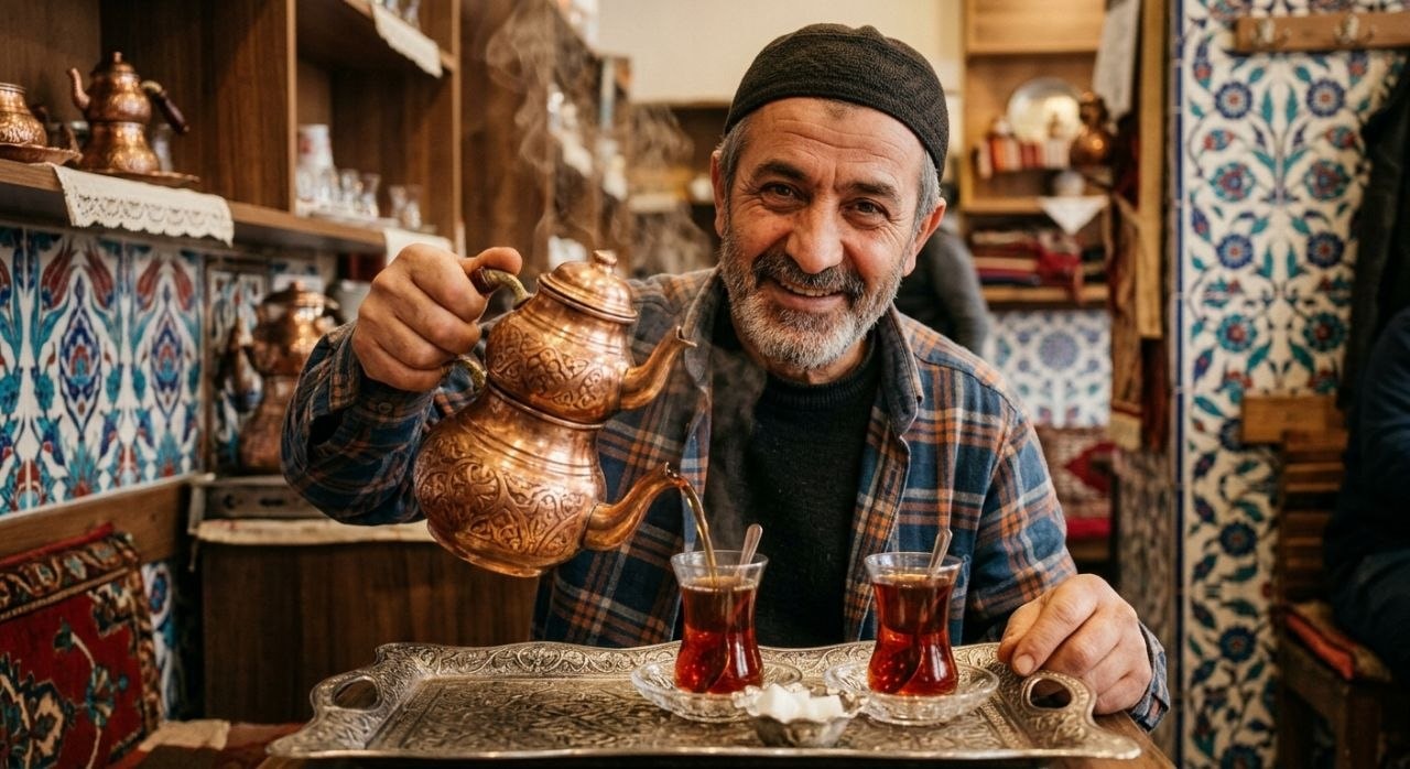 warm middle-aged Turkish man pouring dark red tea from a traditional two-piece copper caydanlik teapot into small tulip-shaped glass cups on an ornate silver tray in a Turkish home setting