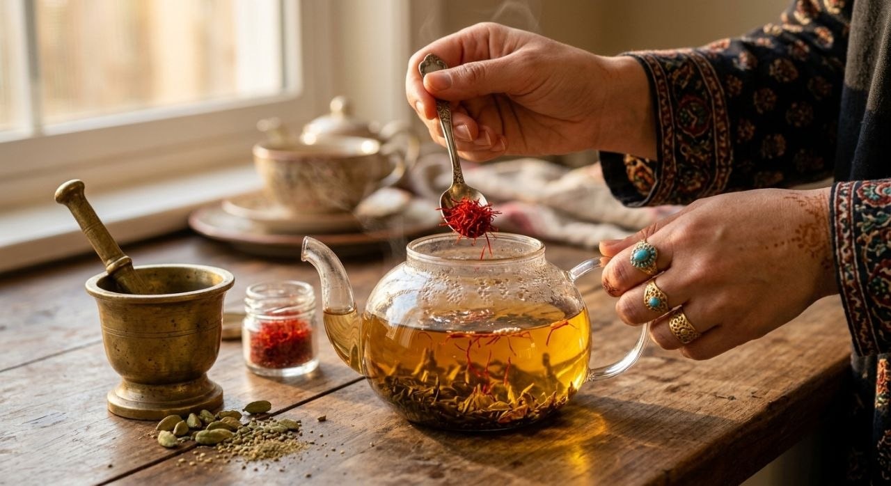 graceful Iranian woman adding crimson saffron strands to a clear glass teapot of steeping amber tea with crushed green cardamom pods beside her on a wooden counter in warm golden kitchen light