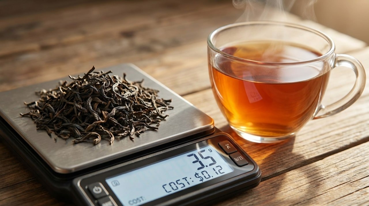tea leaves being measured on a small kitchen scale next to a glass of brewed tea