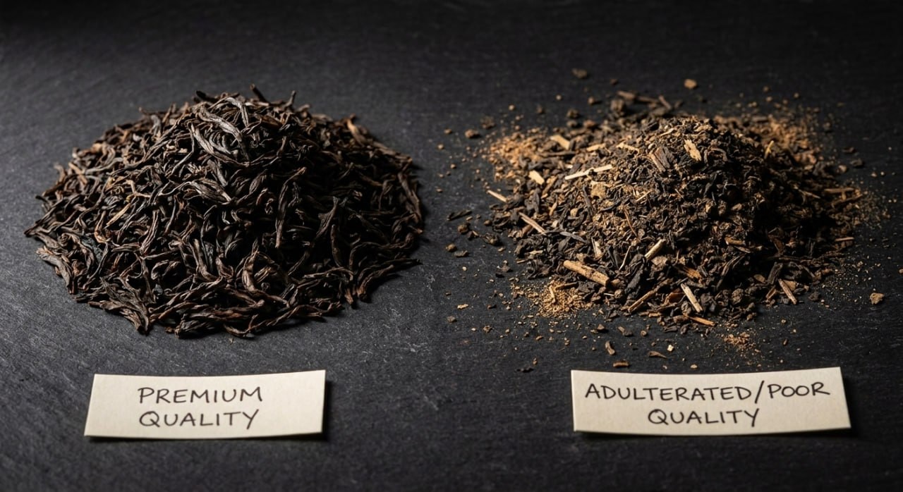 close-up comparison of two piles of dry tea leaves, one uniform and one mixed and dusty, on a dark surface