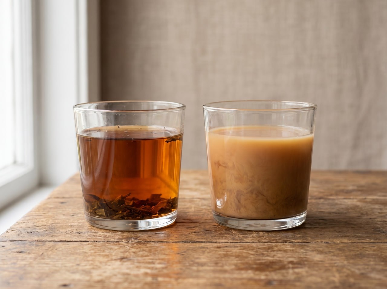 clear amber black tea beside a cloudy hazy glass of tea, side by side comparison on a wooden table