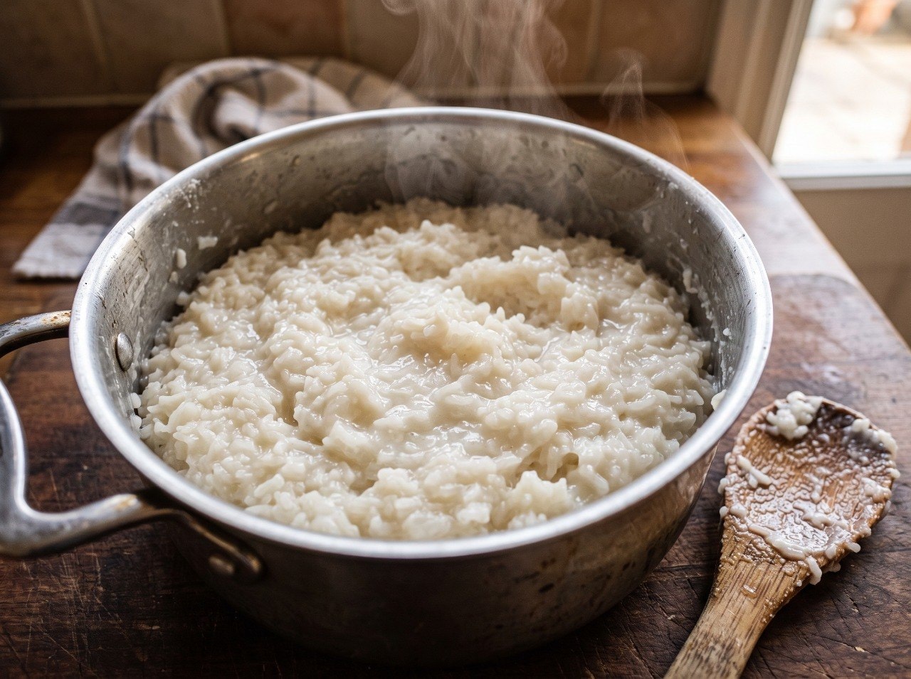 Comparison of fluffy separated Persian rice grains next to a bowl of overcooked mushy sticky rice, top down studio food photography, soft natural light