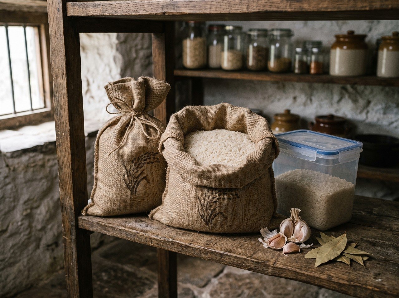 Two burlap sacks of Iranian rice on a wooden pantry shelf, one open showing long white grains