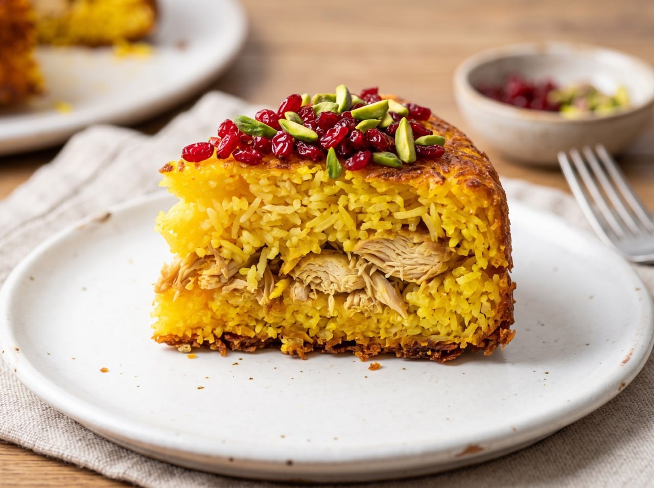 Golden saffron tahchin morgh with a clean slice removed showing layers